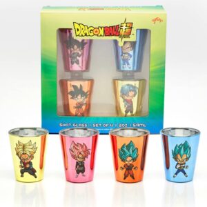 just funky dragon ball super mini glass set | 2 oz shot glasses set of 4 | featuring trunks, goku black, goku, and vegeta including their super forms | officially licensed