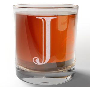 etched monogram 11oz whiskey rocks glass (letter j), a-z customized bourbon gifts for men, personalized old fashioned scotch glass, custom engraved gifts for him, initial, name, regalos personalizados