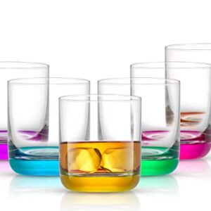 JoyJolt HUE Colorful Whiskey Set. 6pc Bar Glasses, 10oz Drink Glasses. Double Old Fashioned Glass - Modern Whiskey Glass Set, Low Ball Glasses, Tumbler Cocktail Glasses, Whiskey Glasses.