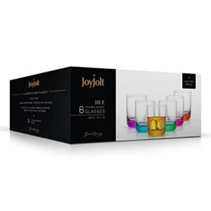 JoyJolt HUE Colorful Whiskey Set. 6pc Bar Glasses, 10oz Drink Glasses. Double Old Fashioned Glass - Modern Whiskey Glass Set, Low Ball Glasses, Tumbler Cocktail Glasses, Whiskey Glasses.