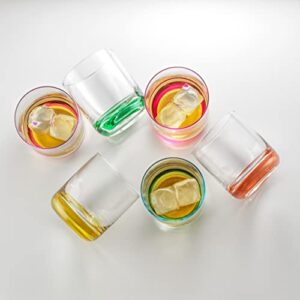 JoyJolt HUE Colorful Whiskey Set. 6pc Bar Glasses, 10oz Drink Glasses. Double Old Fashioned Glass - Modern Whiskey Glass Set, Low Ball Glasses, Tumbler Cocktail Glasses, Whiskey Glasses.