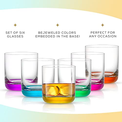 JoyJolt HUE Colorful Whiskey Set. 6pc Bar Glasses, 10oz Drink Glasses. Double Old Fashioned Glass - Modern Whiskey Glass Set, Low Ball Glasses, Tumbler Cocktail Glasses, Whiskey Glasses.