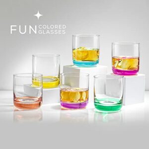 JoyJolt HUE Colorful Whiskey Set. 6pc Bar Glasses, 10oz Drink Glasses. Double Old Fashioned Glass - Modern Whiskey Glass Set, Low Ball Glasses, Tumbler Cocktail Glasses, Whiskey Glasses.