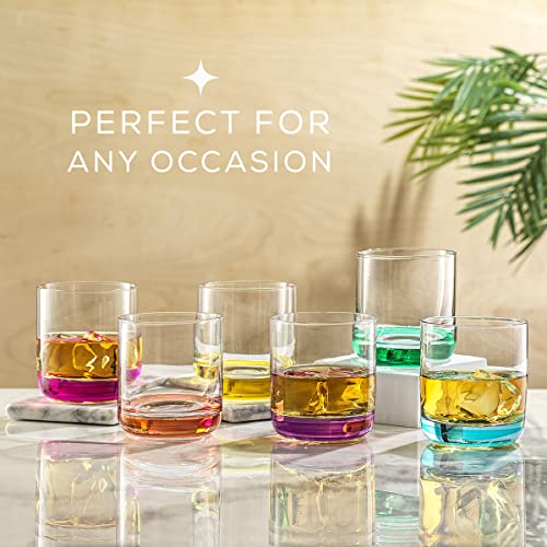 JoyJolt HUE Colorful Whiskey Set. 6pc Bar Glasses, 10oz Drink Glasses. Double Old Fashioned Glass - Modern Whiskey Glass Set, Low Ball Glasses, Tumbler Cocktail Glasses, Whiskey Glasses.