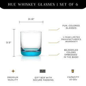 JoyJolt HUE Colorful Whiskey Set. 6pc Bar Glasses, 10oz Drink Glasses. Double Old Fashioned Glass - Modern Whiskey Glass Set, Low Ball Glasses, Tumbler Cocktail Glasses, Whiskey Glasses.