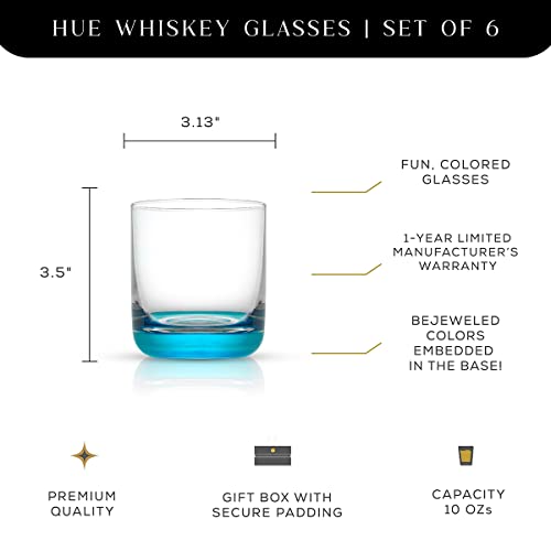 JoyJolt HUE Colorful Whiskey Set. 6pc Bar Glasses, 10oz Drink Glasses. Double Old Fashioned Glass - Modern Whiskey Glass Set, Low Ball Glasses, Tumbler Cocktail Glasses, Whiskey Glasses.