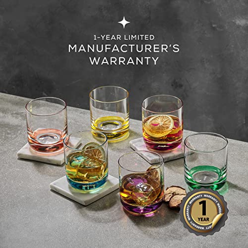 JoyJolt HUE Colorful Whiskey Set. 6pc Bar Glasses, 10oz Drink Glasses. Double Old Fashioned Glass - Modern Whiskey Glass Set, Low Ball Glasses, Tumbler Cocktail Glasses, Whiskey Glasses.