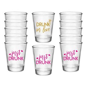 drunk in love and just drunk bachelorette party shot glasses, set of 12, 11 pink just drunk and 1 gold drunk in love shot glass, perfect bachelorette party decorations and brides maid gifts