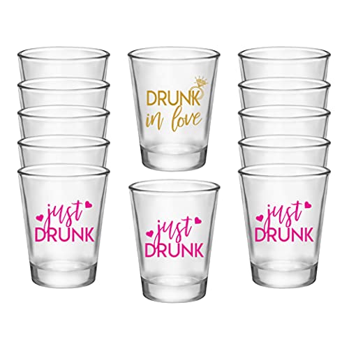 Drunk In Love and Just Drunk Bachelorette Party Shot Glasses, Set of 12, 11 Pink Just Drunk and 1 Gold Drunk In Love Shot Glass, Perfect Bachelorette Party Decorations and Brides Maid Gifts