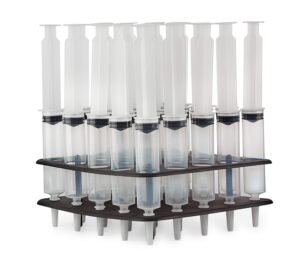ez-inject 25 pack (2.5oz) jello shot syringes combo with tray/racking stand - 100% safe & reusable plastic syringes for jello shots - large syringe shots holiday & halloween party supplies for adults