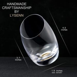 Lysenn Stemless Wine Glasses Set of 2 - Designer Hand Blown Crystal Whiskey Glasses - Unique Gold Base and Tilted Rim Brandy Snifter for Red Wine, Cocktails, Bourbon and Champagne – 10 oz.