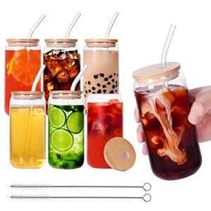 czfwin drinking glasses with bamboo lids and glass straws - pack of 6 16oz can shaped glass cups, beer glasses, iced coffee glasses, cute tumbler cup, ideal for whiskey, soda, tea, water