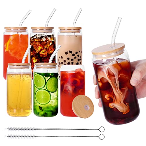 CZFWin Drinking Glasses with Bamboo Lids and Glass Straws - Pack of 6 16oz Can Shaped Glass Cups, Beer Glasses, Iced Coffee Glasses, Cute Tumbler Cup, Ideal for Whiskey, Soda, Tea, Water