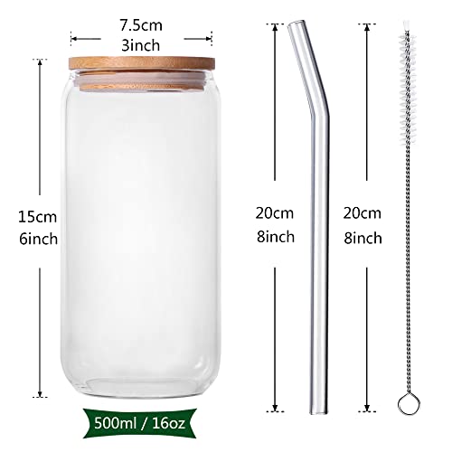 CZFWin Drinking Glasses with Bamboo Lids and Glass Straws - Pack of 6 16oz Can Shaped Glass Cups, Beer Glasses, Iced Coffee Glasses, Cute Tumbler Cup, Ideal for Whiskey, Soda, Tea, Water