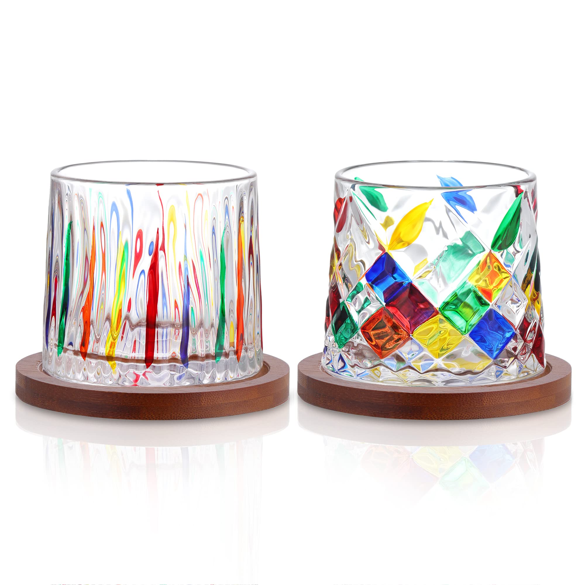 Joeyan Rotatable Hand Painted Whiskey Glasses with Coaster,Old Fashioned Glass Tumblers with Strip and Diamond Patterns,Colorful Whiskey Glass Cups for Rum Bourbon Scotch,Set of 2,9 oz