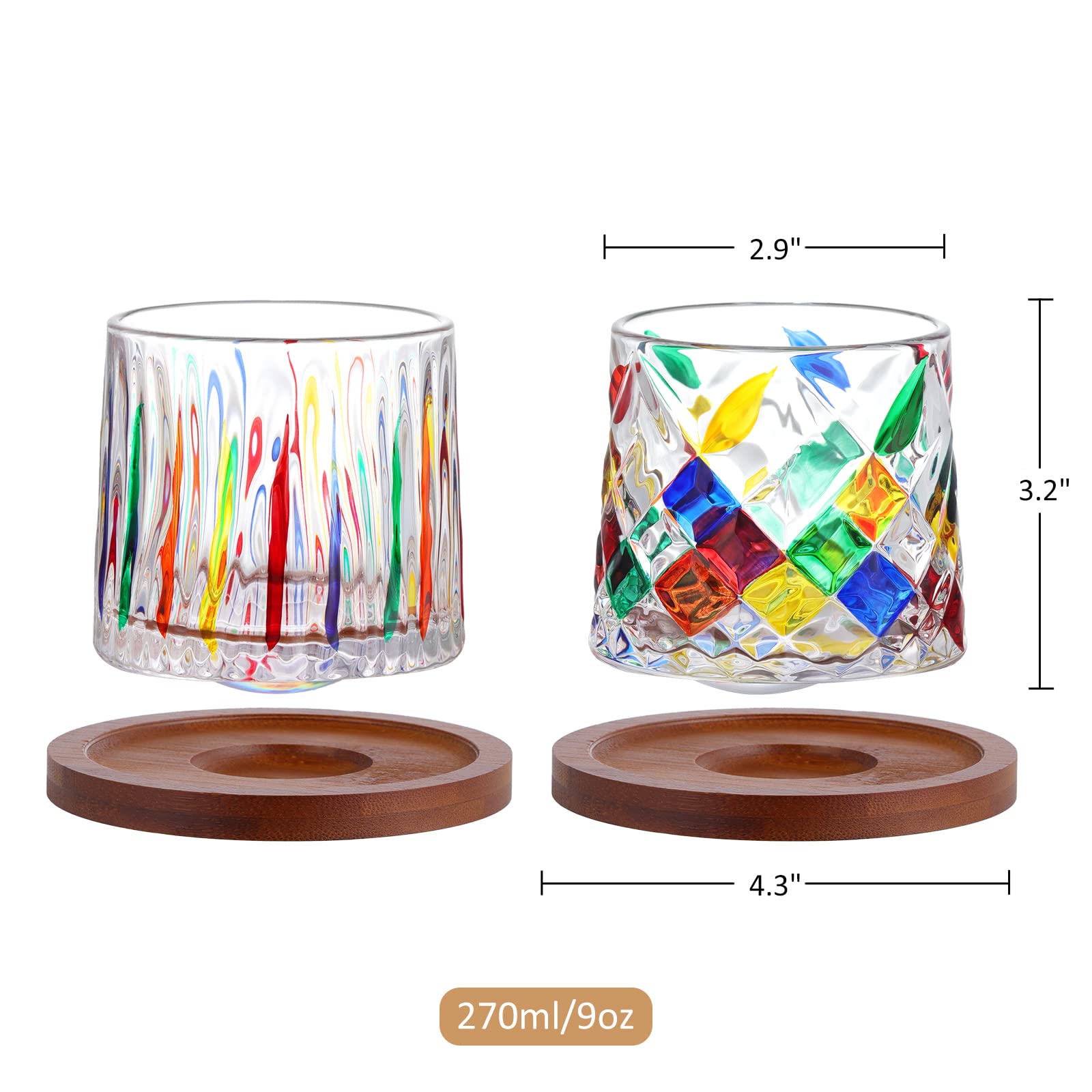 Joeyan Rotatable Hand Painted Whiskey Glasses with Coaster,Old Fashioned Glass Tumblers with Strip and Diamond Patterns,Colorful Whiskey Glass Cups for Rum Bourbon Scotch,Set of 2,9 oz