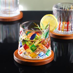 Joeyan Rotatable Hand Painted Whiskey Glasses with Coaster,Old Fashioned Glass Tumblers with Strip and Diamond Patterns,Colorful Whiskey Glass Cups for Rum Bourbon Scotch,Set of 2,9 oz