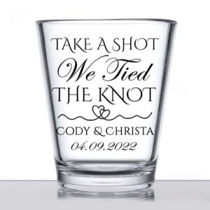 personalized wedding shot glasses, take a shot we tied the knot, cute customizable wedding favors for guests, custom shot glasses, personalized wedding favors, wedding glasses