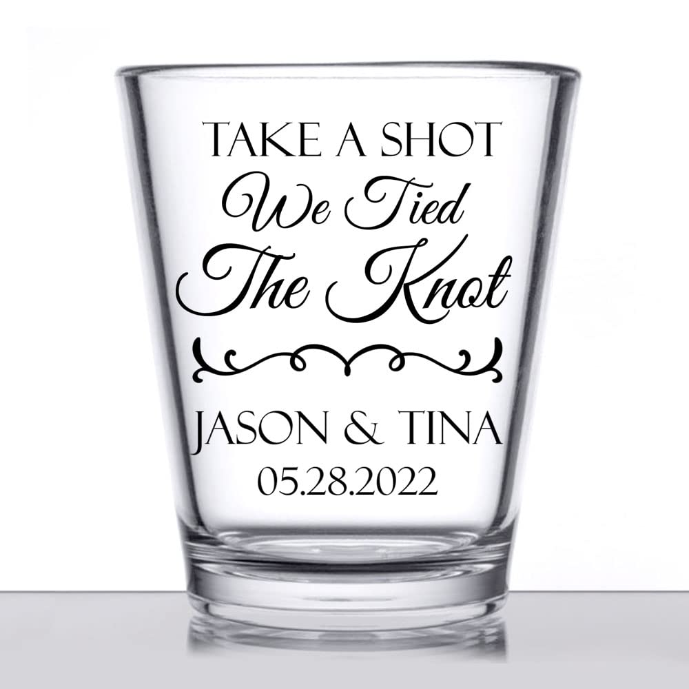 Personalized wedding shot glasses, take a shot we tied the knot, cute customizable wedding favors for guests, custom shot glasses, personalized wedding favors, wedding glasses