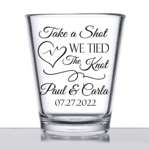 Personalized wedding shot glasses, take a shot we tied the knot, cute customizable wedding favors for guests, custom shot glasses, personalized wedding favors, wedding glasses