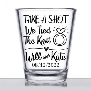 Personalized wedding shot glasses, take a shot we tied the knot, cute customizable wedding favors for guests, custom shot glasses, personalized wedding favors, wedding glasses