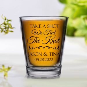 Personalized wedding shot glasses, take a shot we tied the knot, cute customizable wedding favors for guests, custom shot glasses, personalized wedding favors, wedding glasses