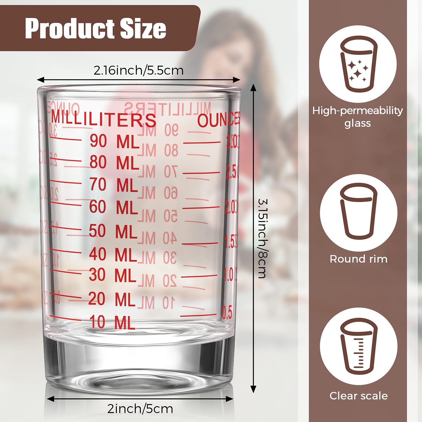 2 Pieces 3 oz Measuring Cup Shot Glass Espresso Shot Glass Liquid Heavy Glass Wine Glass (Red Color)