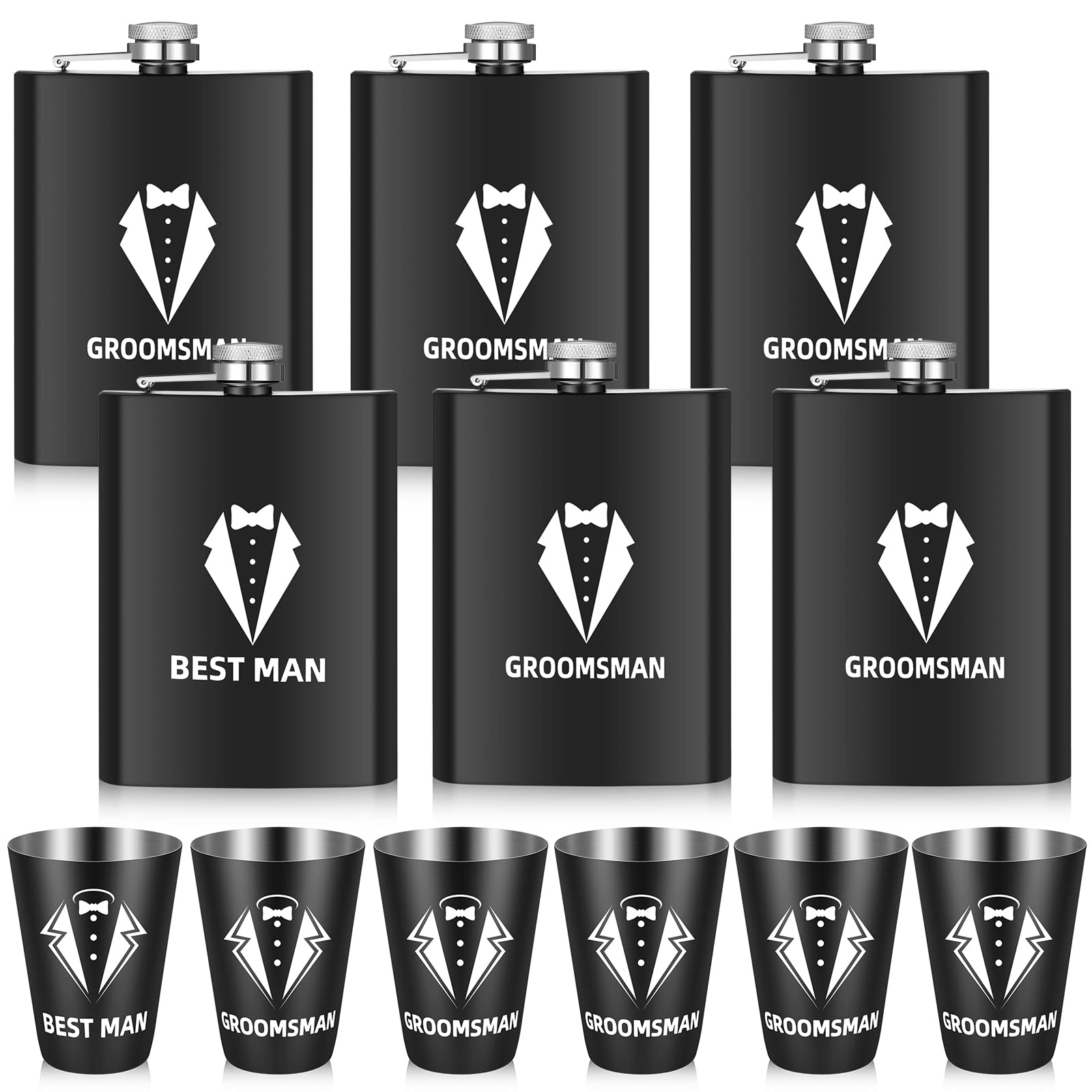 Set of 12 Groomsmen Gifts for Wedding Including 6 Pcs 8 oz Stainless Steel Groomsmen Flask Tuxedo Bachelor Party Favors for Men, 6 Pcs Proposal Groomsman Shot Glasses Groomsman Shot Glasses Cups