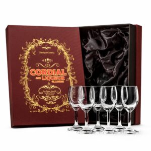 glassique cadeau 2 oz liquor and cordial mini wine glasses | set of 6 | crystal stemmed shot glasses for drinking limoncello, aperitif, schnapps, digestive, after dinner drink, liqueur, sherry