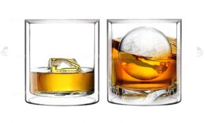 sun's tea double wall whiskey/scotch rocks glass set 5.5oz | old fashioned drinking & cocktail glasses | clear insulated tumbler - set of 2
