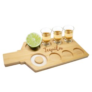 lobubt tequila shot board shot glasses display case with salt rim wooden serving tray for whiskey,tequila,vodka,espresso,liqueurs, party & collection housewarming,christmas gifts