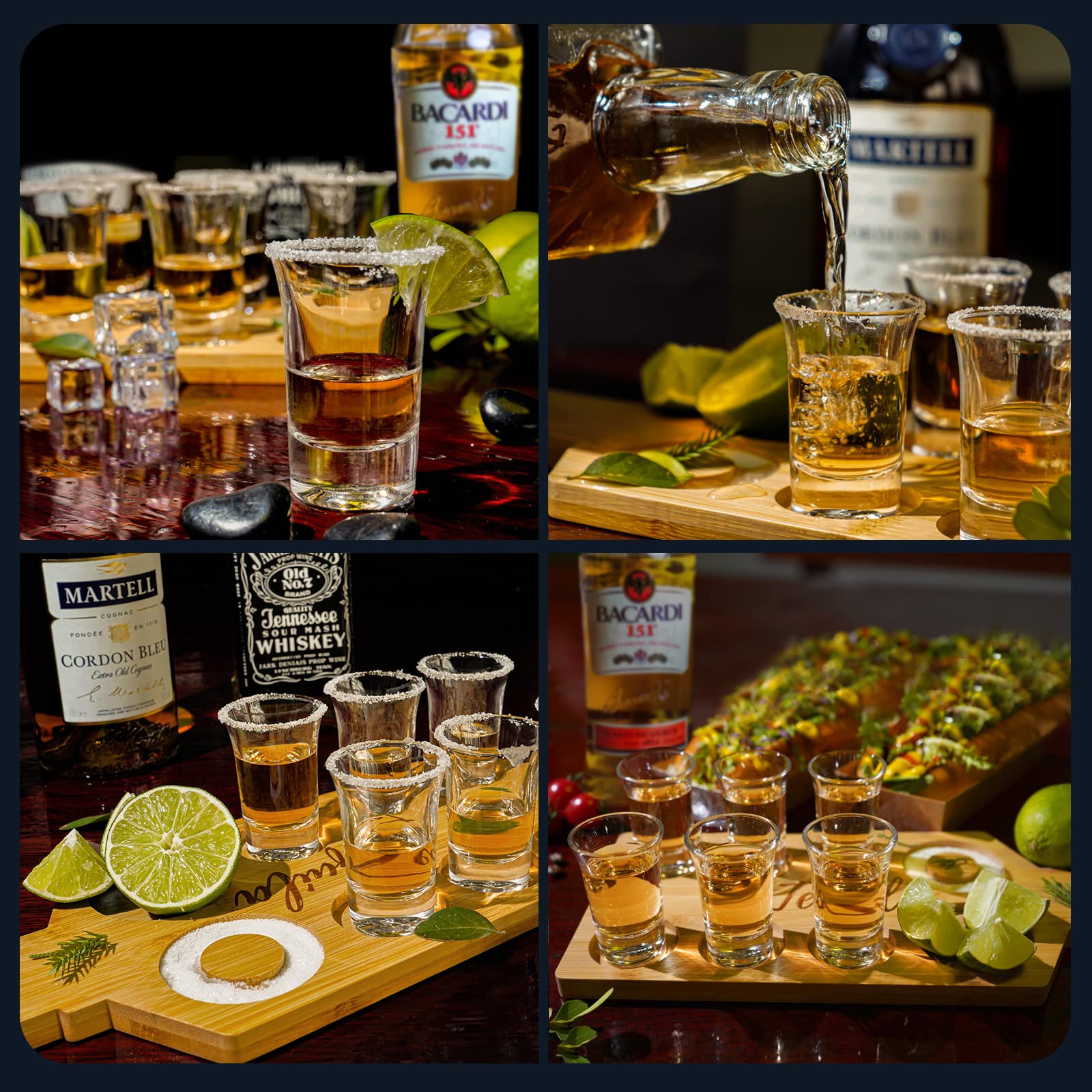 LOBUBT Tequila Shot Board Shot Glasses Display Case with Salt Rim Wooden Serving Tray for Whiskey,Tequila,Vodka,Espresso,Liqueurs, Party & Collection Housewarming,Christmas Gifts