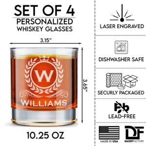 Personalized Custom Whiskey Glass (Set Of 4), Engraved Etched Monogram Rocks Cocktail Glass, 10.25 oz Old Fashioned Whiskey Gift Glass