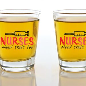 AW Fashions Nurses Need Shots Too - Funny Nurse Party Favor Gift - 2 Pack Round Set of Shot Glass