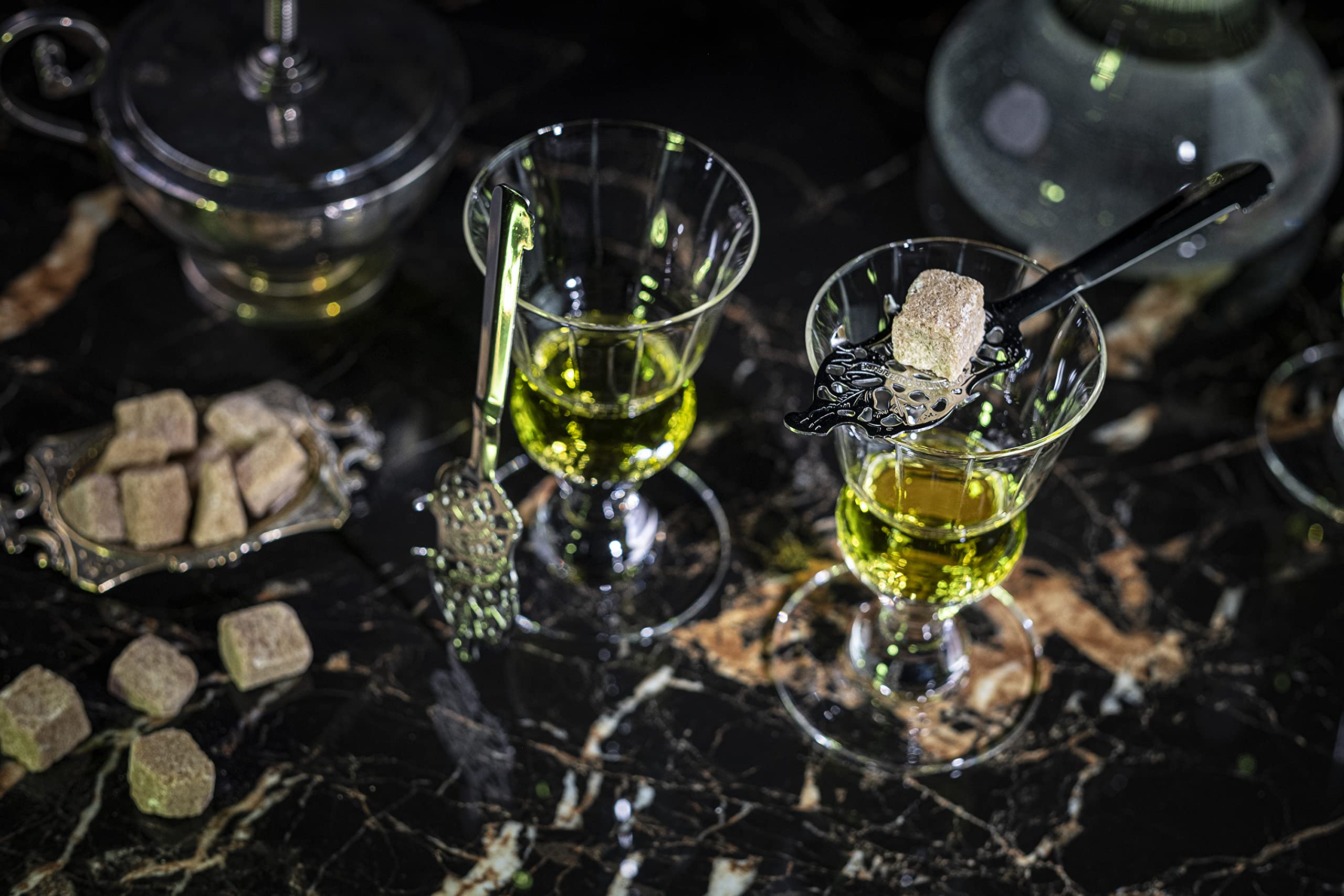 Vintage Crystal Absinthe, Sambuca, Raki, Pastis, Ouzo Glasses | Set of 4 | Short Stemmed 6.5 oz Goblets with Bubble Reservoir for Drinking Green Fairy | Handblown Small Wine Bistro Glassware