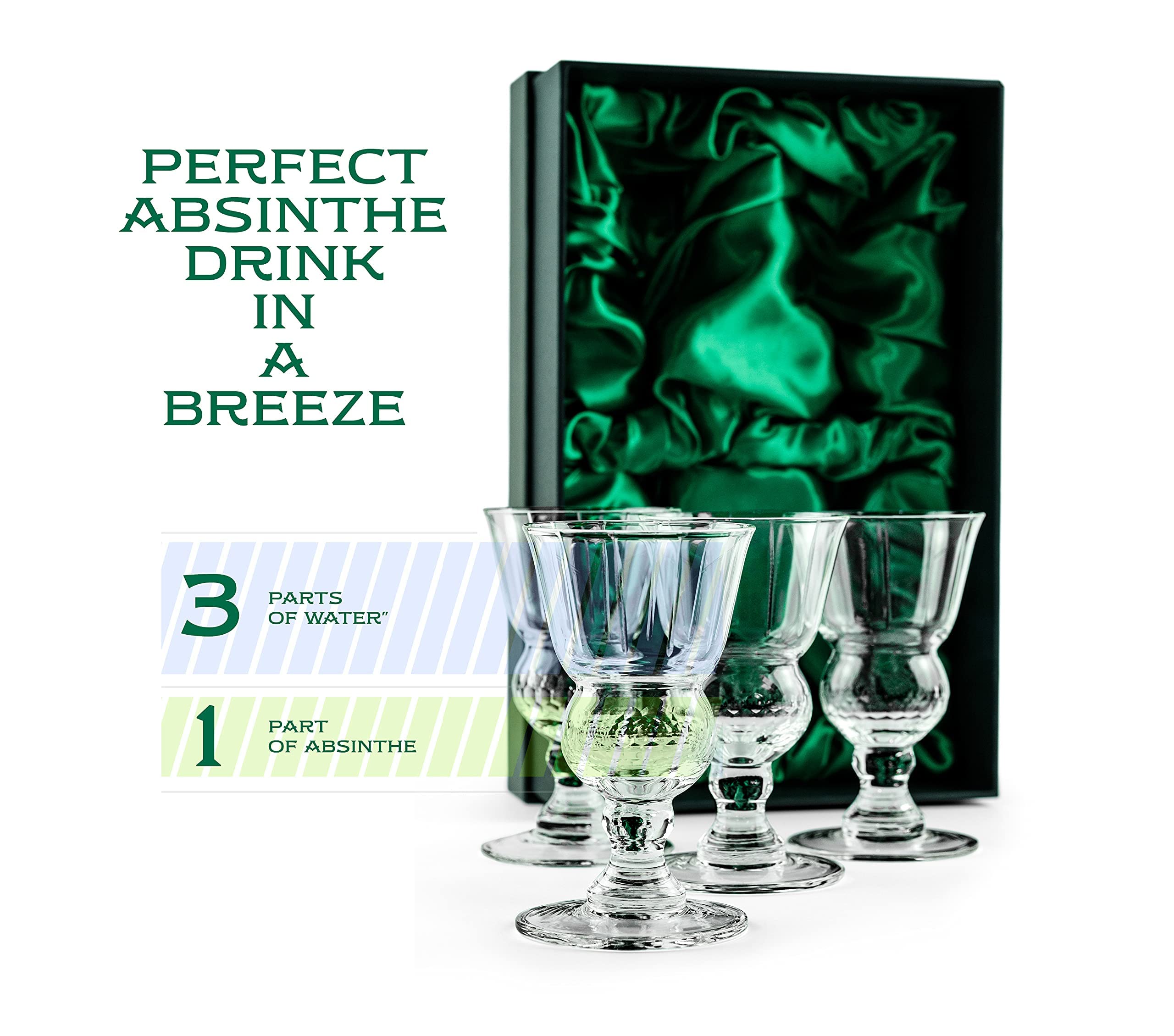 Vintage Crystal Absinthe, Sambuca, Raki, Pastis, Ouzo Glasses | Set of 4 | Short Stemmed 6.5 oz Goblets with Bubble Reservoir for Drinking Green Fairy | Handblown Small Wine Bistro Glassware