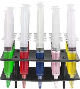 ez-inject 25 pack (1oz) jello shot syringes combo with tray/racking stand - 100% safe & reusable plastic syringes for jello shots - small syringe shots holiday and halloween party supplies for adults