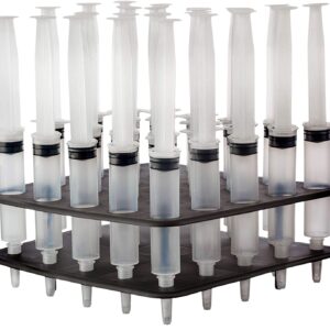 EZ-Inject 25 Pack (1oz) Jello Shot Syringes Combo with Tray/Racking Stand - 100% Safe & Reusable Plastic Syringes for Jello Shots - Small Syringe Shots Holiday and Halloween Party Supplies for Adults