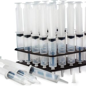 EZ-Inject 25 Pack (1oz) Jello Shot Syringes Combo with Tray/Racking Stand - 100% Safe & Reusable Plastic Syringes for Jello Shots - Small Syringe Shots Holiday and Halloween Party Supplies for Adults