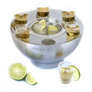 maverick unity tequila glasses and bottle holder on ice, tequila gift set, 6 shot glasses included - tequila serving set.