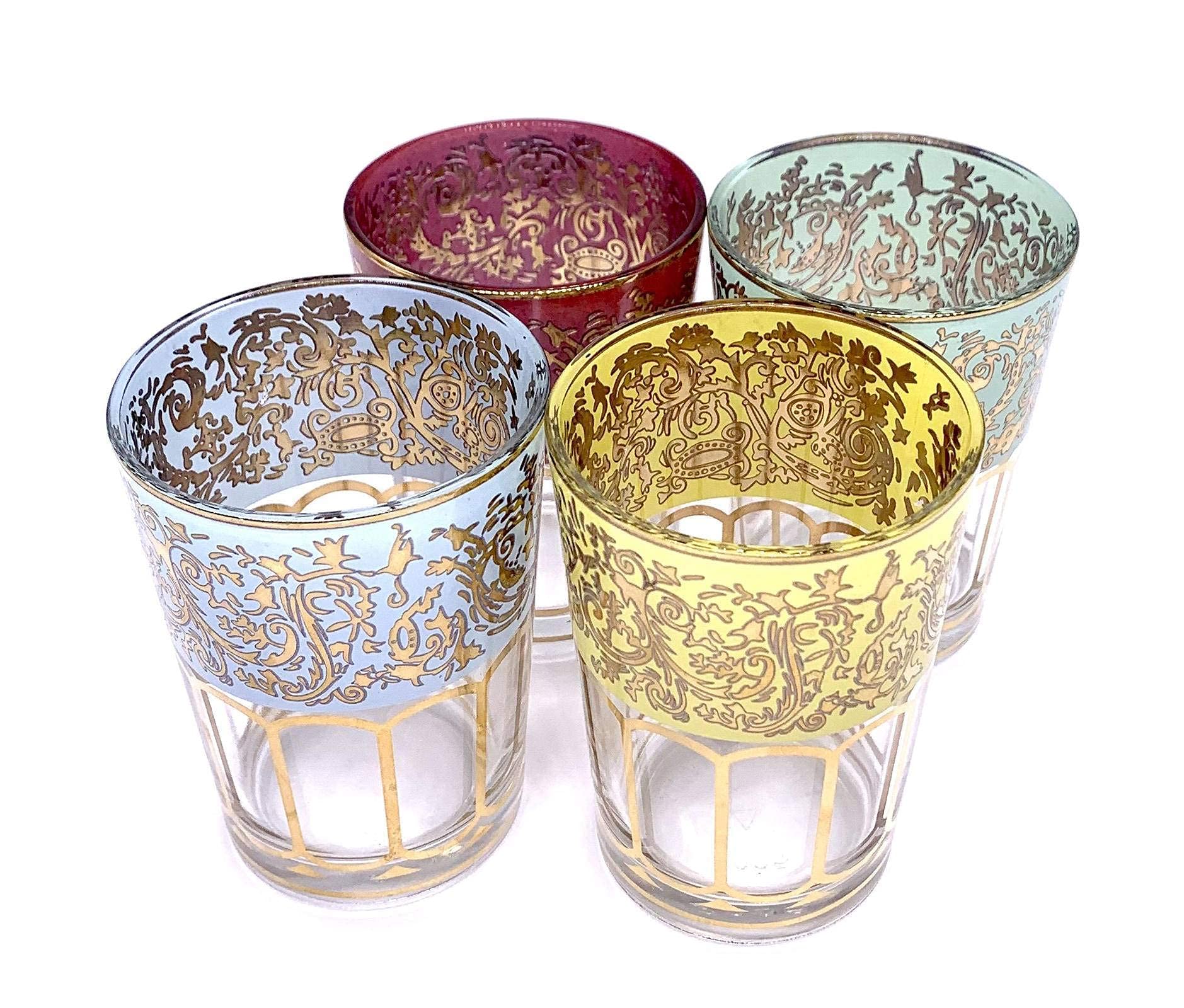 Big Gold Shot Glasses, Mini Juice Glasses, 4 oz Shot Glasses Set, Party Shot Glasses With Colorful Print, Small Stemless Wine Glass Set Of 4, 5oz Moroccan Tea Glasses