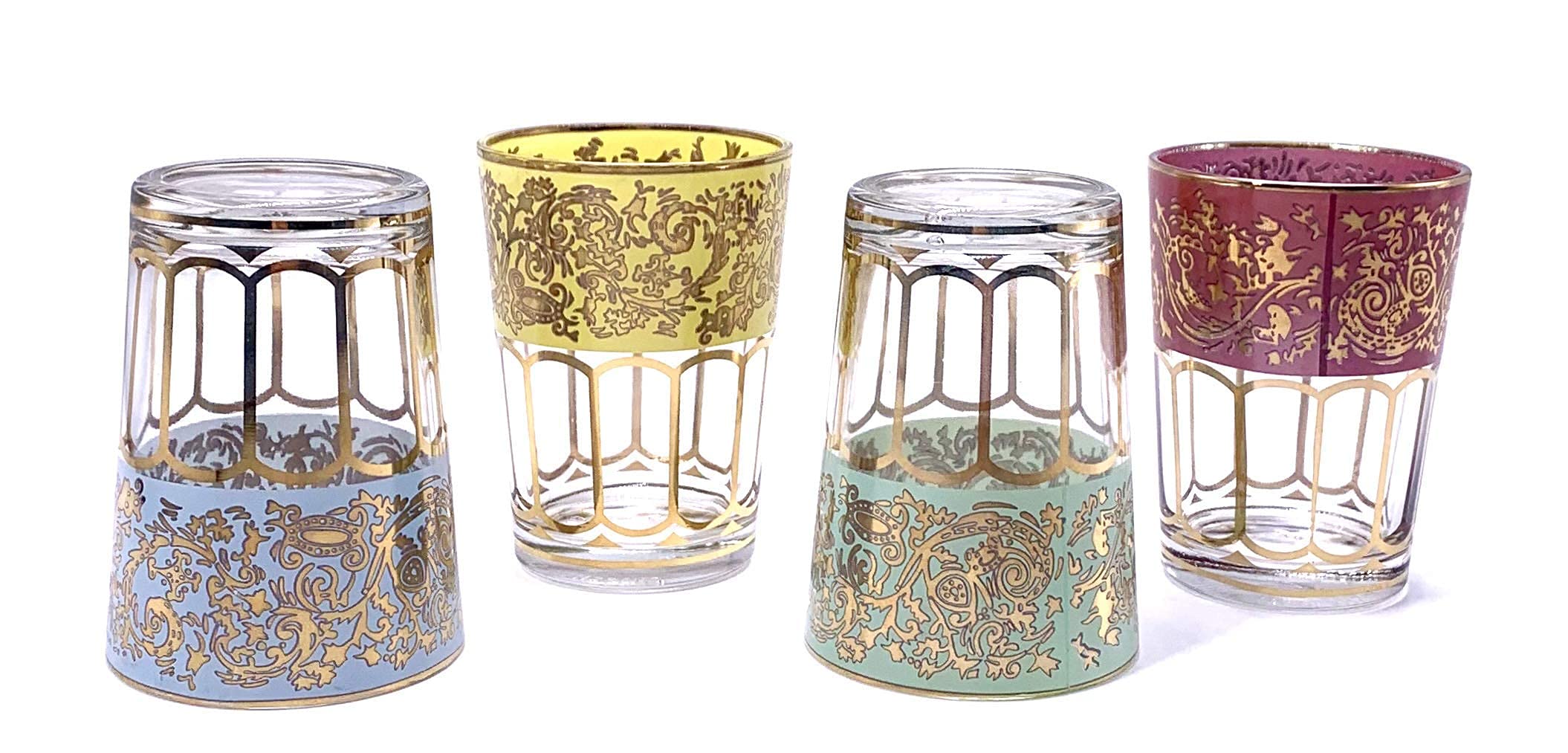Big Gold Shot Glasses, Mini Juice Glasses, 4 oz Shot Glasses Set, Party Shot Glasses With Colorful Print, Small Stemless Wine Glass Set Of 4, 5oz Moroccan Tea Glasses