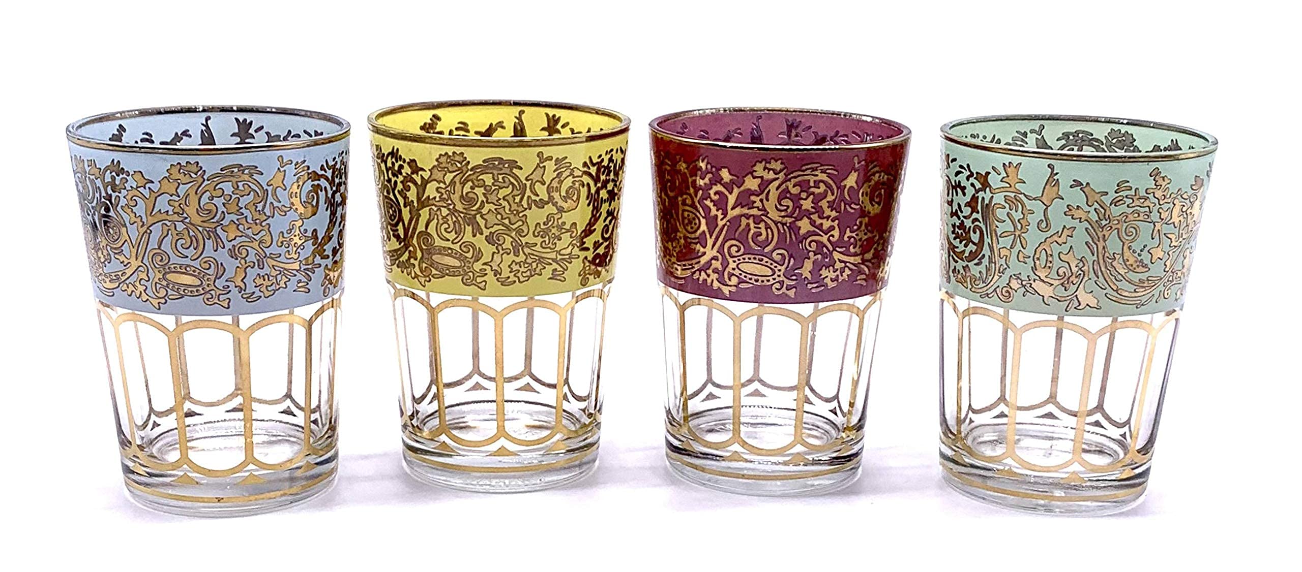 Big Gold Shot Glasses, Mini Juice Glasses, 4 oz Shot Glasses Set, Party Shot Glasses With Colorful Print, Small Stemless Wine Glass Set Of 4, 5oz Moroccan Tea Glasses