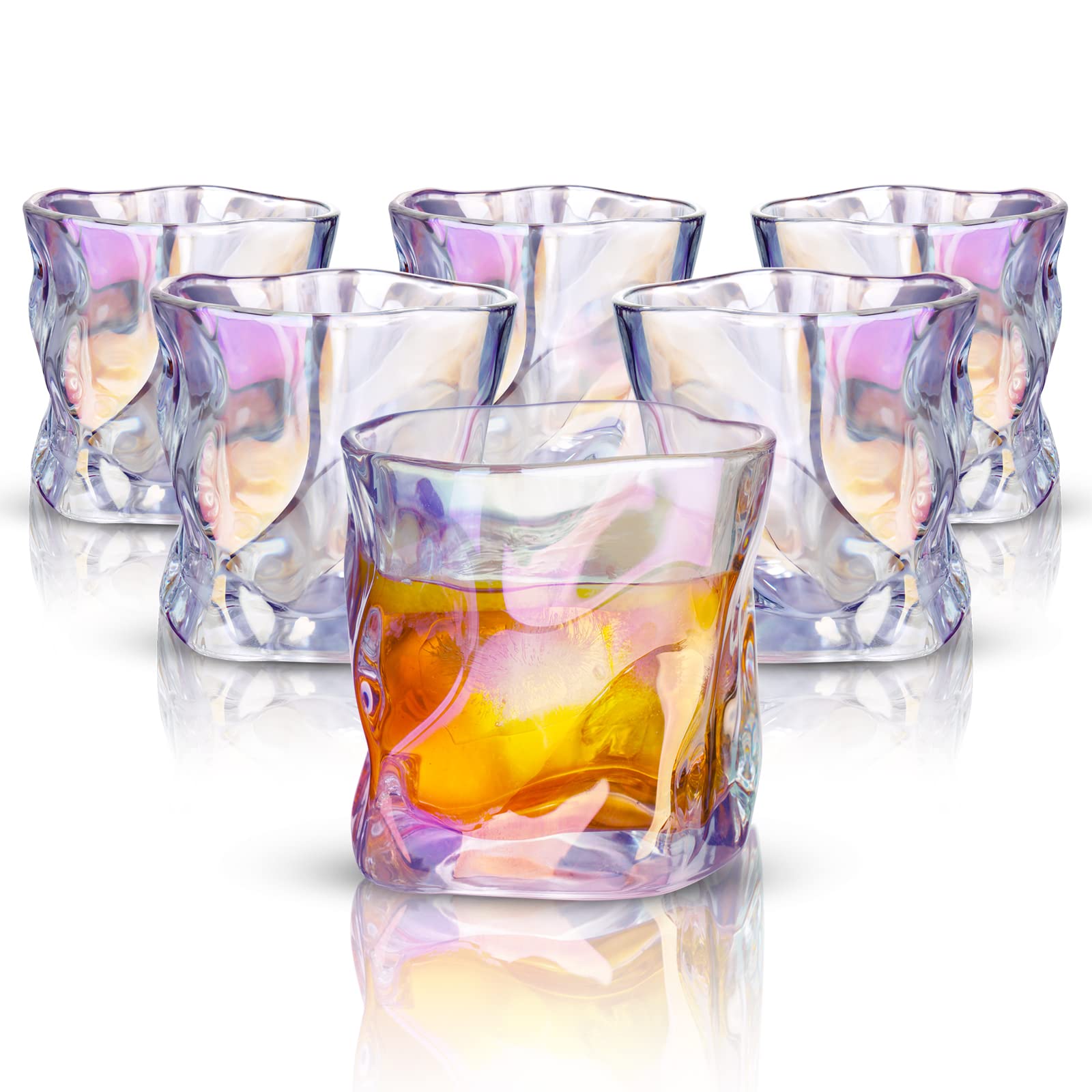 NiHome Iridescent Twisted Crystal Whiskey Glasses 6-Pack 8oz Hand-Blown Lead-Free Old Fashioned Bar Tumbler for Scotch Rum Bourbon Cocktail