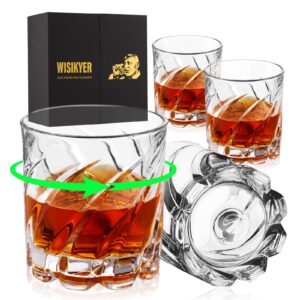 wisikyer whiskey glasses set 4, spinning bourbon glass with luxury box rotating old fashioned rocks glass gifts on birthday/retirement/anniversary, scotch glass cup gifts for men