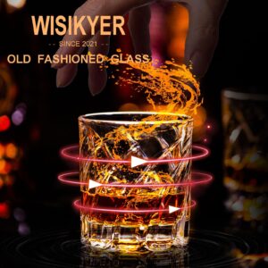 WISIKYER Whiskey Glasses Set 4, Spinning Bourbon Glass with Luxury Box Rotating Old Fashioned Rocks Glass Gifts on Birthday/Retirement/Anniversary, Scotch Glass Cup Gifts for Men