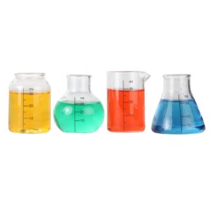 lily's home mini science beaker and flask shot glasses, great gift for chemistry and bio grads, nurses and doctors, clear 2 to 2 1/8" tall, set of 4 assorted