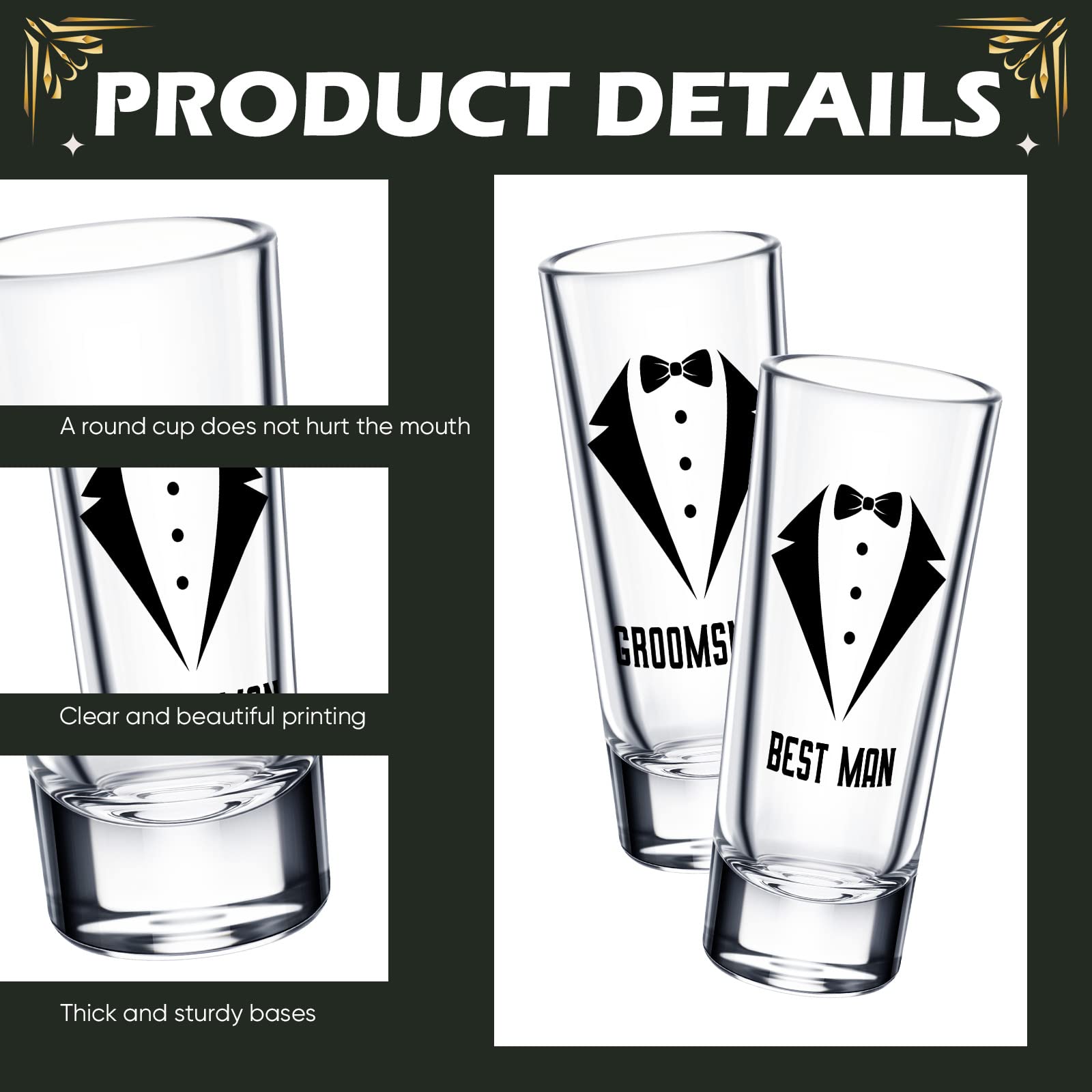 Rtteri 6 Pcs Wedding Shot Glasses Set 1 Best Man 5 Groomsmen Shot Glasses Wedding Party Favors Shot Glasses Bachelor Party Favors Groomsman Gifts Bachelor Party Decorations for Proposal Men,2 oz