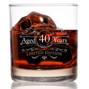 vintage edition birthday whiskey scotch glass (40th anniversary) 11 oz- vintage happy birthday old fashioned whiskey glasses for 40 year old- classic lowball rocks glass- birthday, reunion gift