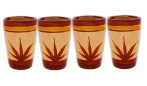 mextequil - tequila shot glasses - set of 4 terracotta mexican shot glasses - 2 oz - natural & colorful clay - barro canelo & capulineado - handcrafted hand-painted (agave)
